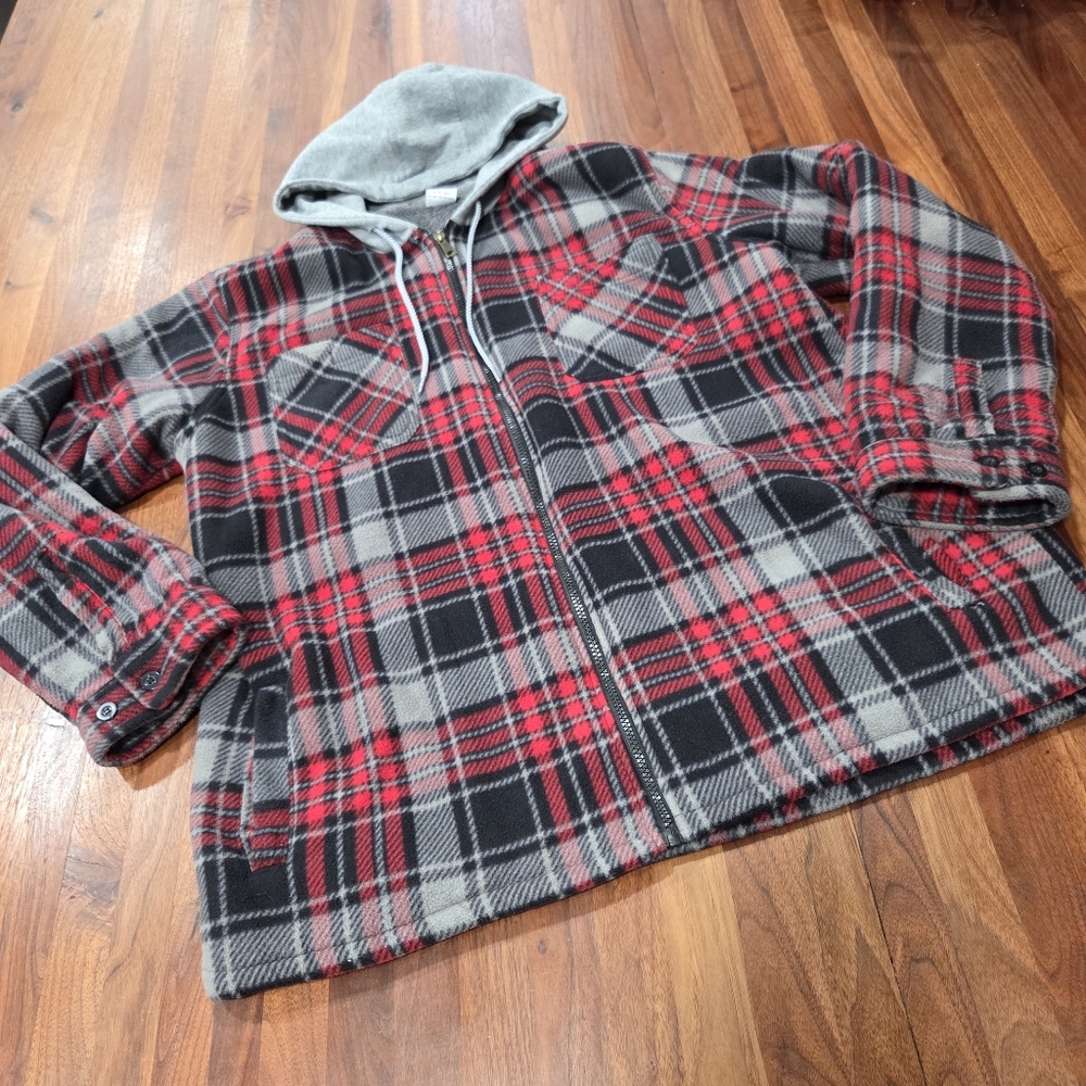 Tru Fit Plaid Fleece Zip Front Jacket Hooded Fuzzy Fleece Lined Size 2X - Picture 2 of 9